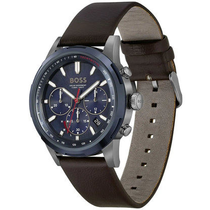 Hugo Boss Solgrade 1514030 Silver Case Blue Dial Brown Leather Men's Watch