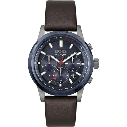 Hugo Boss Solgrade 1514030 Silver Case Blue Dial Brown Leather Men's Watch