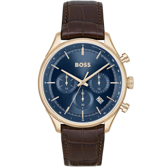 Hugo Boss Admiral 1514050 Full Gold Case Blue Dial Brown Leather Men's Watch