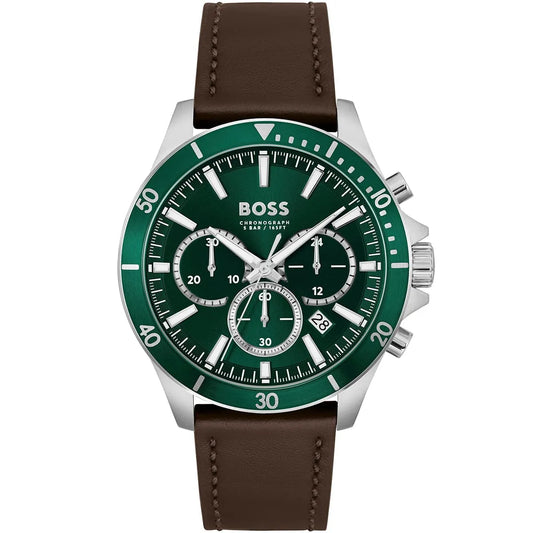 Hugo Boss Troper 1514098 Silver Case Green Dial Brown Leather Men's Watch