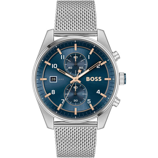 Hugo Boss Skytraveller 1514149 Men's Blue Dial Watch Silver Mesh
