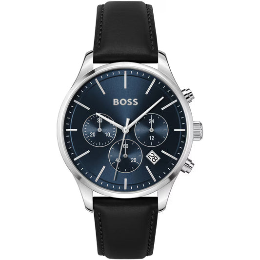 Hugo Boss Avery 1514156 Runner Silver Case Blue Dial Black Leather Men's Watch