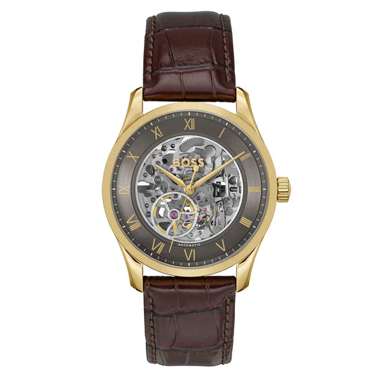 Hugo Boss Principe 1514235 Gold Case Dark Grey Skeleton Automatic Men's Watch