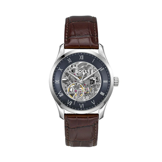 Hugo Boss Principe 1514305 Silver Case Navy Blue Skeleton Automatic Men's Watch