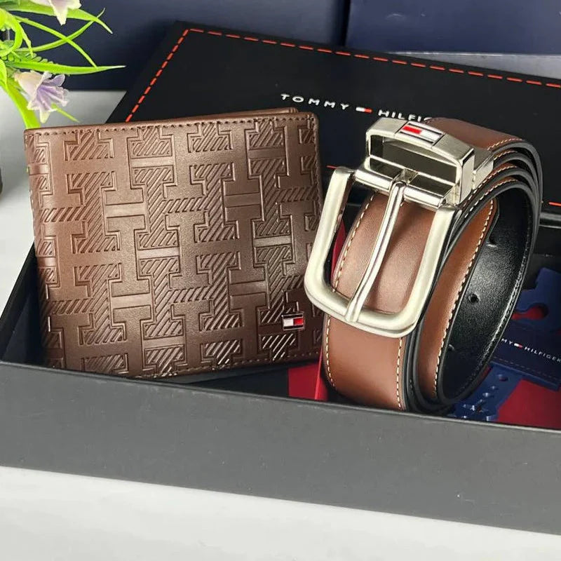 TH Brown Leather Wallet-Belt Set For Men 4#