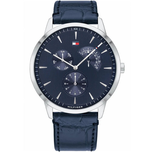 Tommy Hilfiger Brad 1710387 Silver Case Navy Blue Leather Strap Men's Watch
