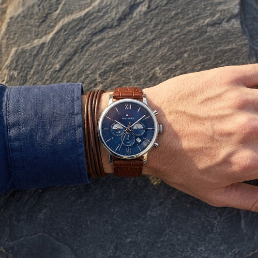 1710393 Tommy Hilfiger Evan Men's Chronograph Watch - Blue Dial - Brown Leather Strap -