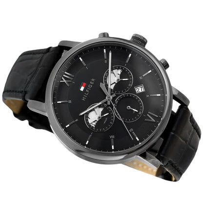 1710395 Tommy Hilfiger Evan Men's Chronograph Watch - Black Dial - Black Leather Strap -