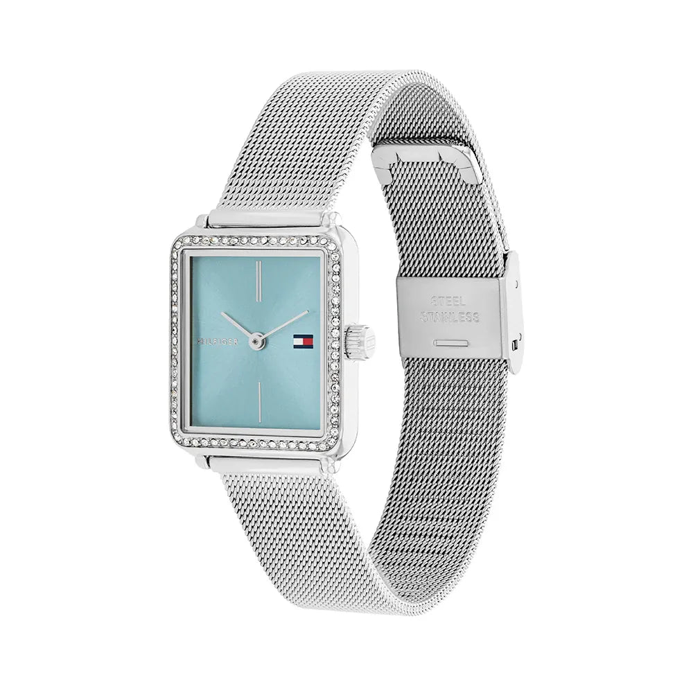 Tommy Hilfiger Tea 1782789 Silver Square Case Light Blue Dial Mesh Women's Watch