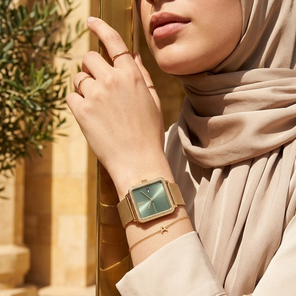 Tommy Hilfiger Tea 1782791 Gold Square Case Sage Green Dial Mesh Women's Watch
