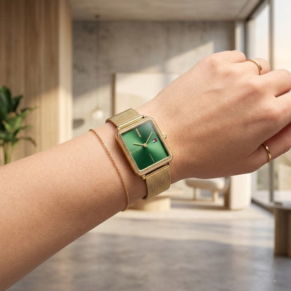 Tommy Hilfiger Tea 1782791 Gold Square Case Sage Green Dial Mesh Women's Watch