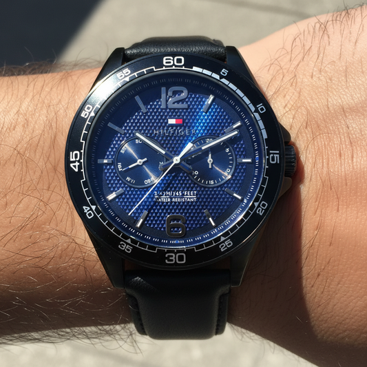 Tommy Hilfiger Erik 1791368 Black IP Case Blue Textured Dial Black Leather Men's Watch