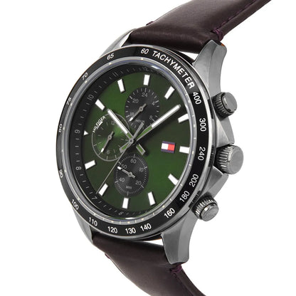 Tommy Hilfiger Miles 1792017 Gunmetal Case Green Dial Brown Leather Men's Watch