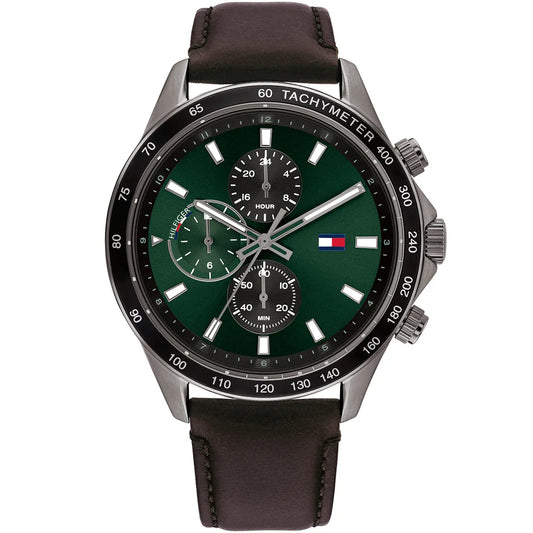 Tommy Hilfiger Miles 1792017 Gunmetal Case Green Dial Brown Leather Men's Watch