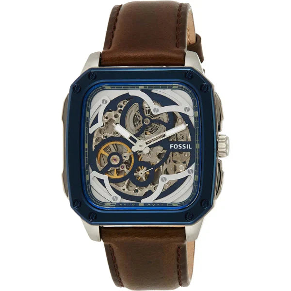 Fossil Inscription Automatic Skeleton Watch – Blue Dial with Brown Leather Strap (Model BQ2571)