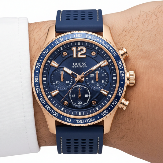 Guess Fleet W0971G3 Men's Rose Gold Case Blue Dial Rubber Watch