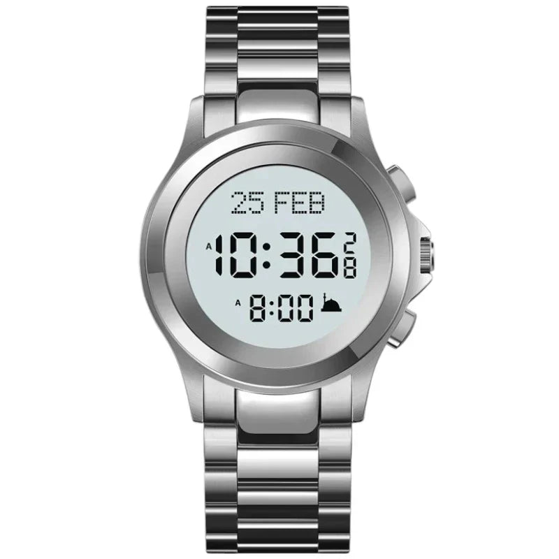 ساعة الحرمين الاسلامية من سكيمي 2270 مواقيت الصلاة تقويم هجري دعم اللغة العربيه اتجاه القبلة لون فضي مقاومة للماء