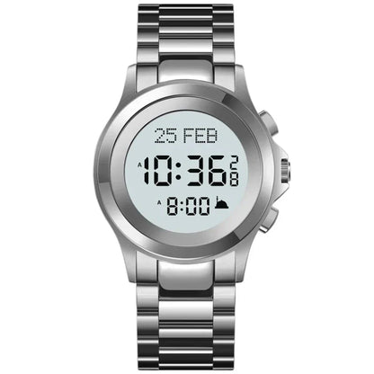 ساعة الحرمين الاسلامية من سكيمي 2270 مواقيت الصلاة تقويم هجري دعم اللغة العربيه اتجاه القبلة لون فضي مقاومة للماء