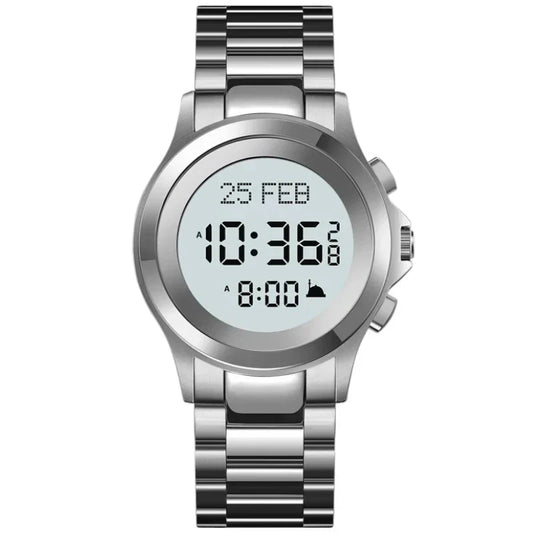 ساعة الحرمين الاسلامية من سكيمي 2270 مواقيت الصلاة تقويم هجري دعم اللغة العربيه اتجاه القبلة لون فضي مقاومة للماء