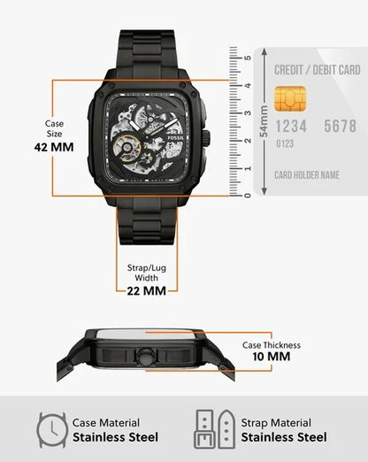 Fossil Inscription Automatic Skeleton Watch for Men – Black Dial & Black Stainless Steel Strap (BQ2574)