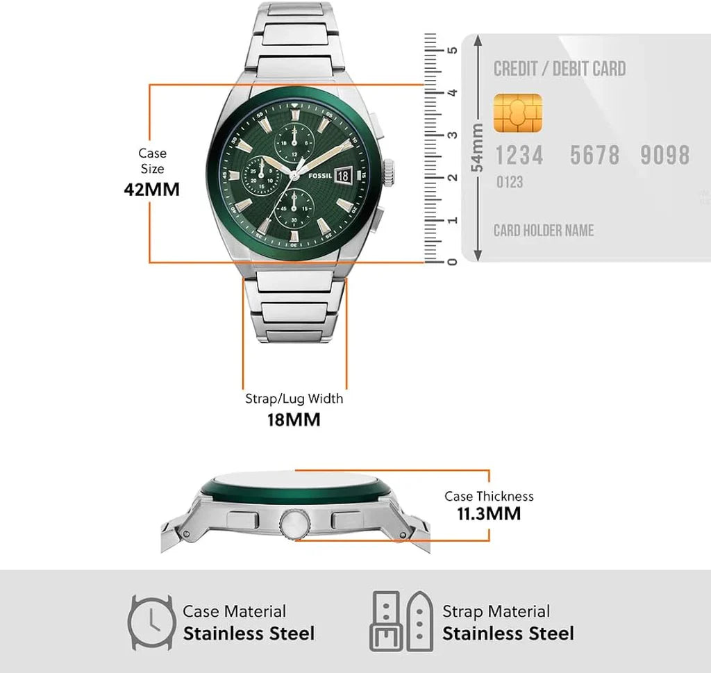 Fossil Everett Chronograph Men’s Watch FS5964 – Green Dial, Silver Stainless Steel Bracelet, 42mm Quartz Analog Multi-Function Watch