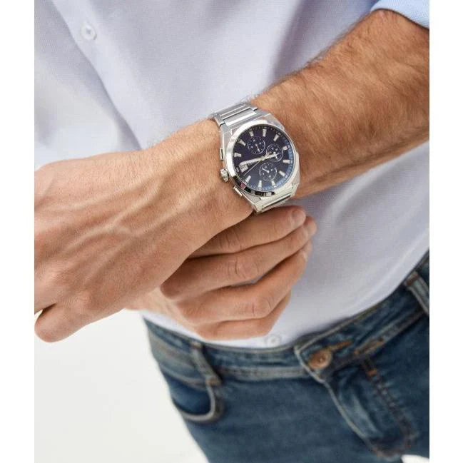 Fossil Everett FS5795 Men’s Watch – Blue Dial Chronograph, Silver Stainless Steel Bracelet, Quartz, 42mm, 50M Water Resistant