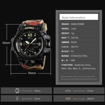 SKMEI 1155 ساعة رياضية للرجال بتصميم مموه أحمر
