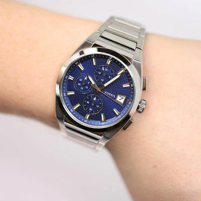 Fossil Everett FS5795 Men’s Watch – Blue Dial Chronograph, Silver Stainless Steel Bracelet, Quartz, 42mm, 50M Water Resistant