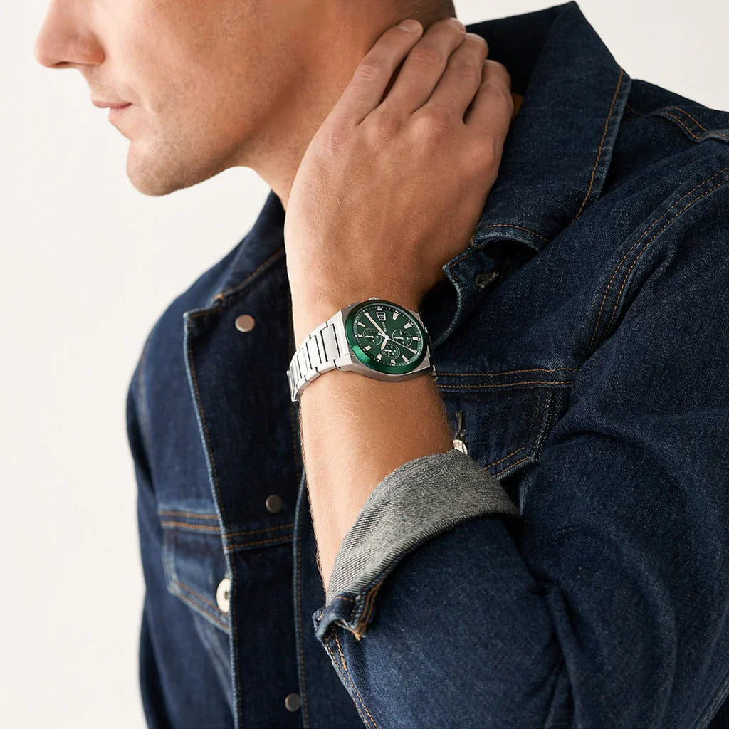 Fossil Everett Chronograph Men’s Watch FS5964 – Green Dial, Silver Stainless Steel Bracelet, 42mm Quartz Analog Multi-Function Watch