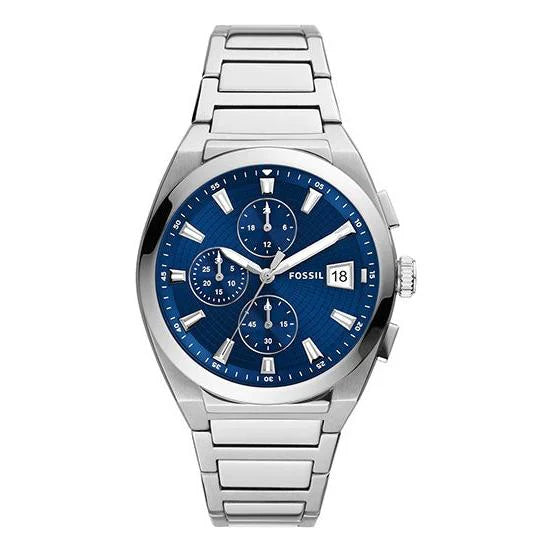 Fossil Everett FS5795 Men’s Watch – Blue Dial Chronograph, Silver Stainless Steel Bracelet, Quartz, 42mm, 50M Water Resistant