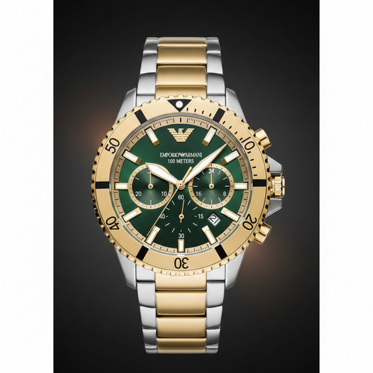 Emporio Armani AR11586 Men’s Green Dial Two-Tone Stainless Steel Diver Chronograph Watch