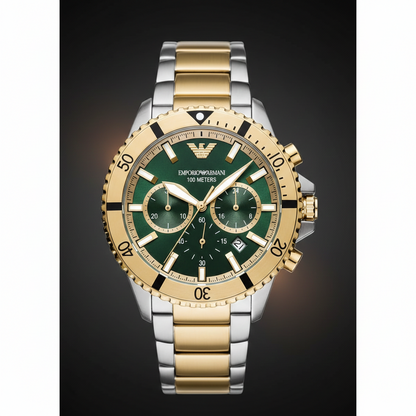 Emporio Armani AR11586 Men’s Green Dial Two-Tone Stainless Steel Diver Chronograph Watch