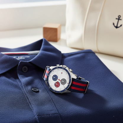 Tommy Hilfiger Men's Multi-Function Watch – Model 1792035 – White Dial with Navy & Red Fabric Strap