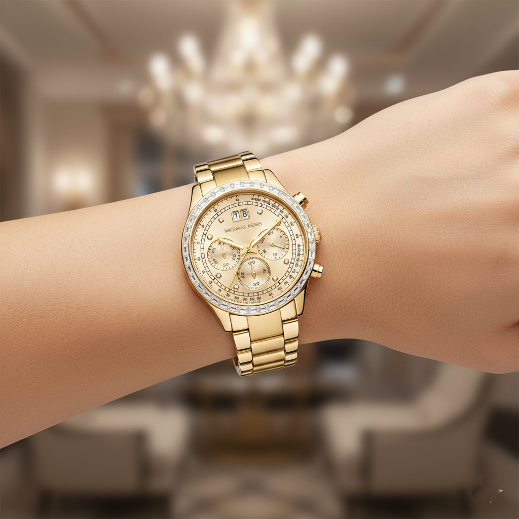 Michael Kors Brinkley MK6187 Women’s Gold Dial Gold-Tone Chronograph Watch
