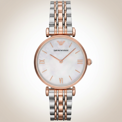 Emporio Armani AR1683 Women’s Mother of Pearl Dial Two-Tone Stainless Steel Gianni T-Bar Watch