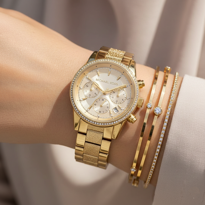 Michael Kors MK6597 Ritz Women’s Gold Dial Gold Stainless Steel Chronograph Watch