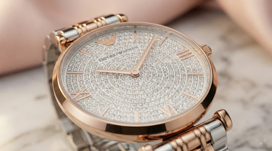 Emporio Armani Gianni T-Bar AR11537 Women's Two-Tone Crystal Encrusted Dial Luxury Watch