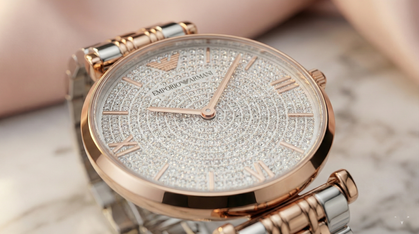 Emporio Armani Gianni T-Bar AR11537 Women's Two-Tone Crystal Encrusted Dial Luxury Watch