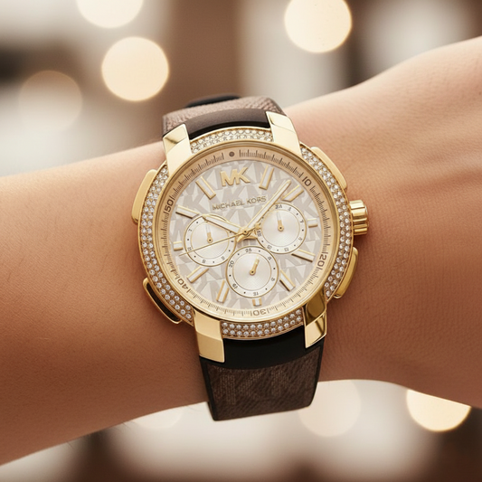 Michael Kors Sidney MK6948 Women’s Gold Dial Brown Logo Strap Multi-Function Watch
