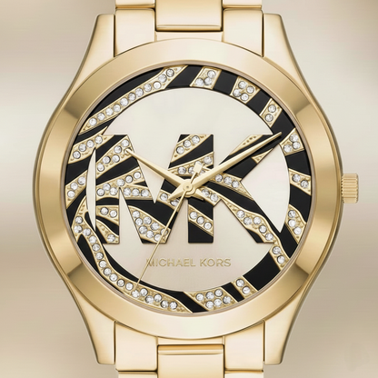 Michael Kors MK4561 Slim Runway Women’s Gold Crystal Logo Dial Stainless Steel Watch