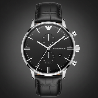 Emporio Armani AR0397 Men’s Black Dial Black Leather Chronograph Watch