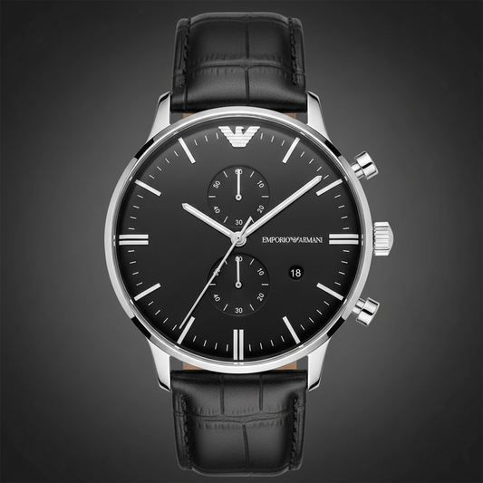 Emporio Armani AR0397 Men’s Black Dial Black Leather Chronograph Watch