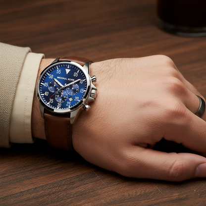 Michael Kors MK8362 Men’s Blue Dial Brown Leather Strap Gage Chronograph Watch