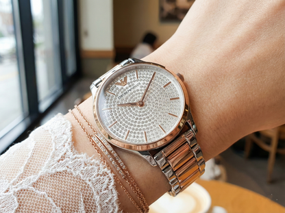 Emporio Armani Gianni T-Bar AR11537 Women's Two-Tone Crystal Encrusted Dial Luxury Watch