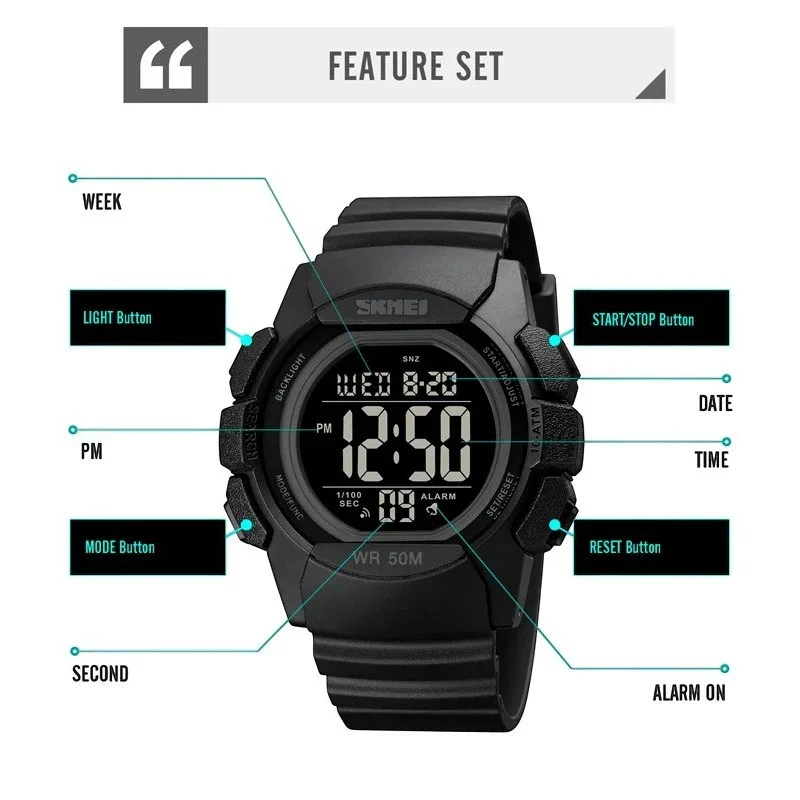 SKMEI 1771 ساعة رياضية ثنائية التوقيت وكرونوغراف لون أسود