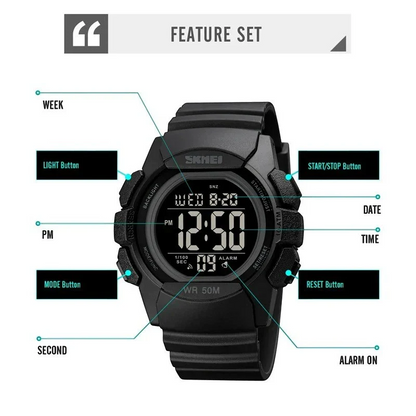 SKMEI 1771 ساعة رياضية ثنائية التوقيت وكرونوغراف أسود بميناء فاتح