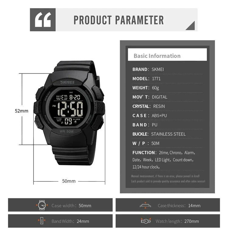 SKMEI 1771 ساعة رياضية ثنائية التوقيت وكرونوغراف أسود بميناء فاتح