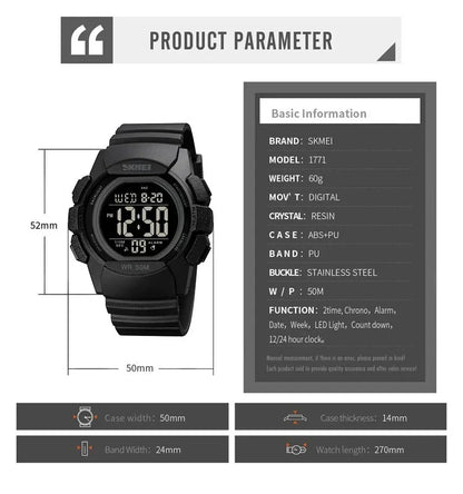 SKMEI 1771 ساعة رياضية ثنائية التوقيت وكرونوغراف أسود بميناء فاتح