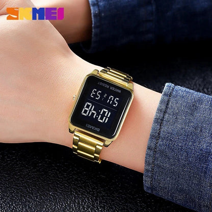ساعة SKMEI 2154 للرجال من الفولاذ المقاوم للصدأ اسود ستيل تقويم توقيتين رقمية بإضاءة LED إلكترونية ومنبه مقاومة للماء