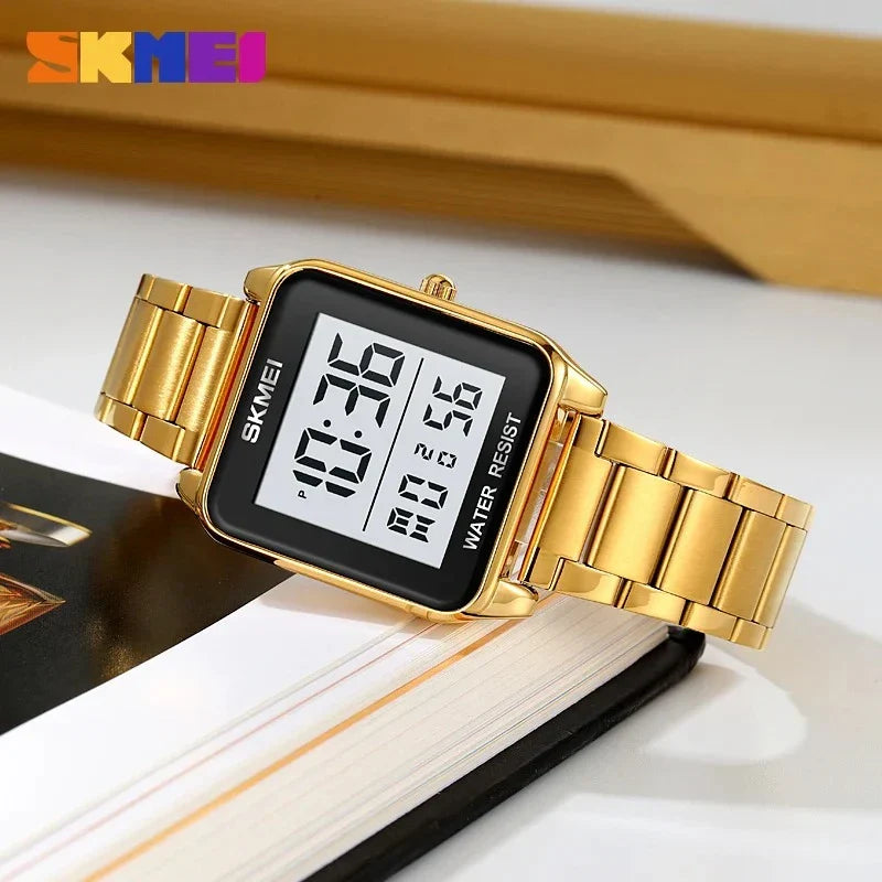 ساعة SKMEI 2154 للرجال من الفولاذ المقاوم للصدأ اسود ستيل تقويم توقيتين رقمية بإضاءة LED إلكترونية ومنبه مقاومة للماء